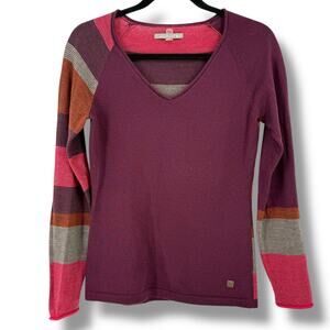 Smartwool Wool Blend Mixed Media Striped V Neck Sweater Womens Size Small Wool